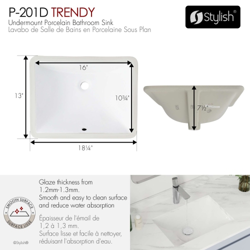 Évier de salle de bain rectangulaire sous comptoir blanc, 18,25 po larg. X 13 po prof. avec drain escamotable