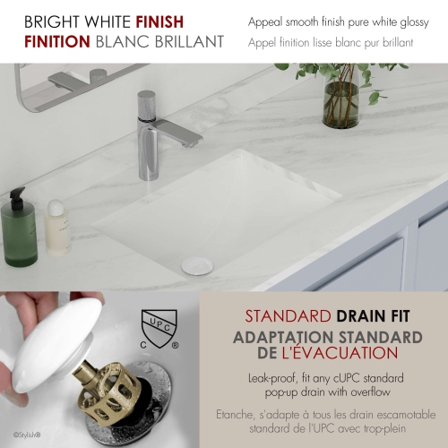 Évier de salle de bain rectangulaire sous comptoir blanc, 18,25 po larg. X 13 po prof. avec drain escamotable