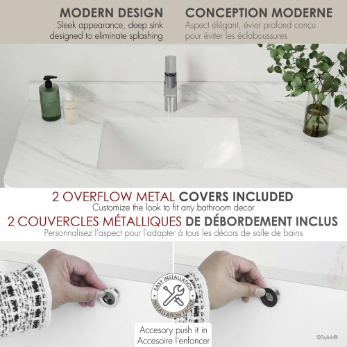 Évier de salle de bain rectangulaire sous comptoir blanc, 18,25 po larg. X 13 po prof. avec drain escamotable