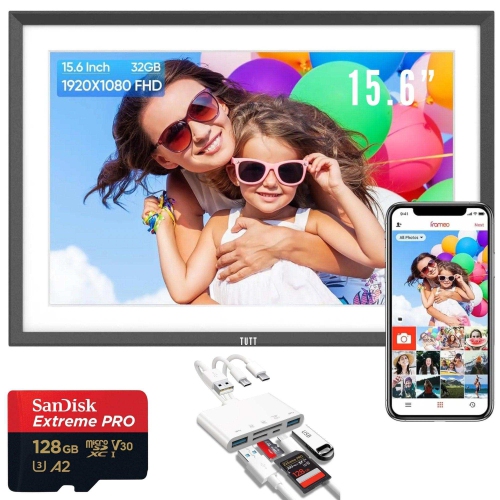 Boîte ouverte | Cadre photo numérique TUTT de 15,6” | Écran tactile Wi-Fi IPS, 32&nbsp;Go interne | Application Frameo | Sur table ou mural | Carte