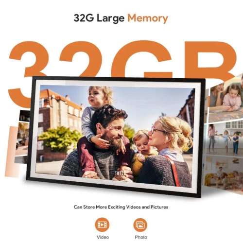 Boîte ouverte | Cadre photo numérique TUTT de 15,6” | Écran tactile Wi-Fi IPS, 32&nbsp;Go interne | Application Frameo | Sur table ou mural | Carte
