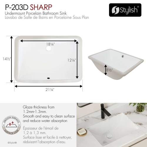 21.25"W x 14.5"D White Rectangular Undermount Bathroom Sink with Pop up Drain