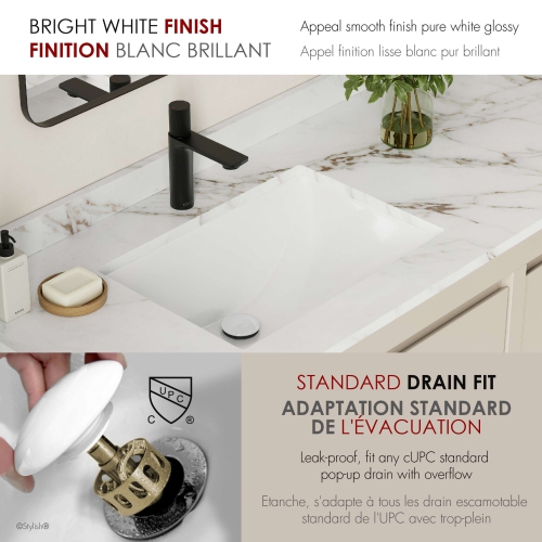21.25"W x 14.5"D White Rectangular Undermount Bathroom Sink with Pop up Drain