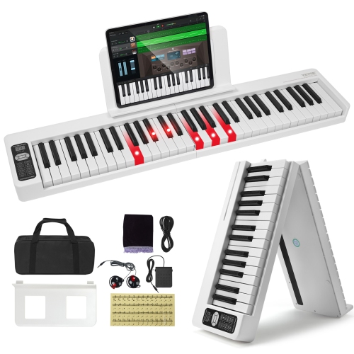 VEVOR 61 Key Folding Keyboard Piano, Bluetooth & MIDI, Portable Electronic Digital Foldable Piano with Sustain Pedal Touch Sensitive Lighted Keys