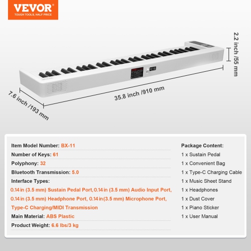 VEVOR 61 Key Folding Keyboard Piano, Bluetooth & MIDI, Portable Electronic Digital Foldable Piano with Sustain Pedal Touch Sensitive Lighted Keys