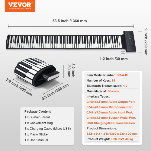 VEVOR 88 Keys Roll Up Keyboard Piano, 128 Rhythms, 128 Tones Portable Electric Digital Hand Roll Piano with Rechargeable Battery 2W Speaker LED