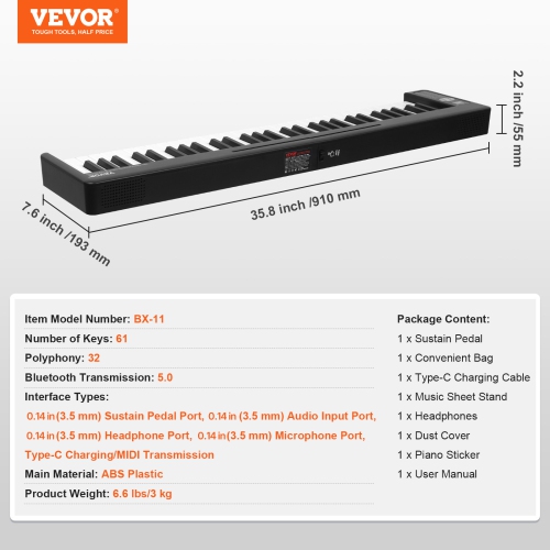VEVOR 61 Key Folding Keyboard Piano, Bluetooth & MIDI, Portable Electronic Digital Foldable Piano with Sustain Pedal Touch Sensitive Lighted Keys