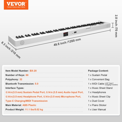 VEVOR 88 Key Folding Keyboard Piano, Bluetooth & MIDI, Portable Electronic Digital Foldable Piano with Sustain Pedal Bag Touch Sensitive Keys