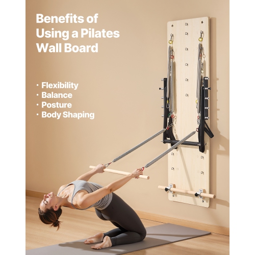 VEVOR Wall Mounted Pilates Reformer Machine, Maple Wood Pilates Springboard, Exercise Equipment with Resistance Springs, Yoga Fitness Trainer,