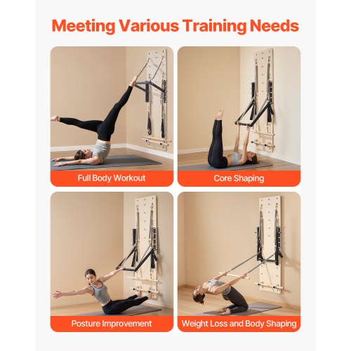 VEVOR Wall Mounted Pilates Reformer Machine, Maple Wood Pilates Springboard, Exercise Equipment with Resistance Springs, Yoga Fitness Trainer,