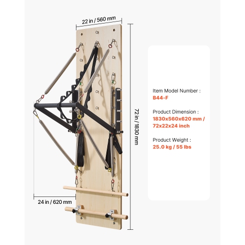 VEVOR Wall Mounted Pilates Reformer Machine, Maple Wood Pilates Springboard, Exercise Equipment with Resistance Springs, Yoga Fitness Trainer,