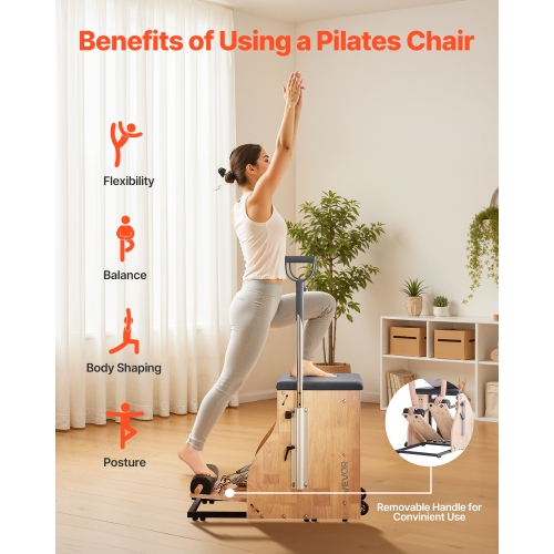 VEVOR Pilates Chair, Split-Pedal Stability Combo Chairs with Handles, Rubber Wood Frame Yoga Fitness Trainer, Exercise Reformer, Pilates