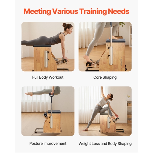 VEVOR Pilates Chair, Split-Pedal Stability Combo Chairs with Handles, Rubber Wood Frame Yoga Fitness Trainer, Exercise Reformer, Pilates