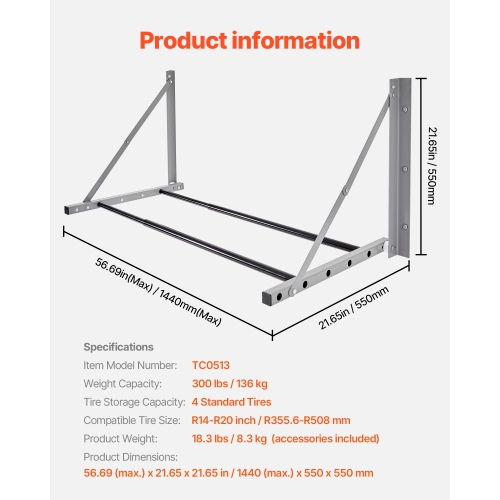 VEVOR 32" - 48" Wall Mounted Folding Tire Rack, Adjustable Tire Rack, Q235 Heavy-Duty Steel Tire Storage Rack for R14-R20 inch Standard Tires, Max