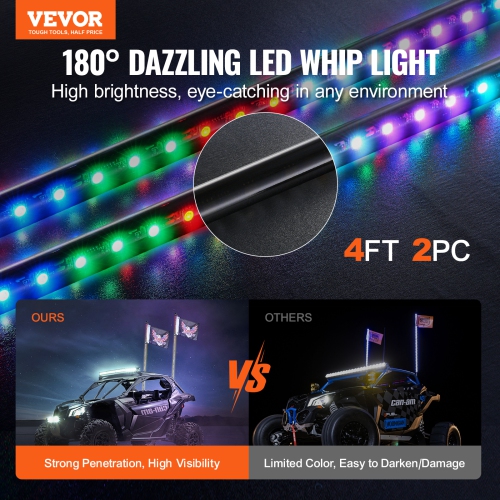 VEVOR 2 PCS 4 FT Whip Light, APP & RF Remote Control Led Whip Light, Waterproof RGB Chasing Lighted Whips with 4 Flags, for UTVs, ATVs, Motorcycles,