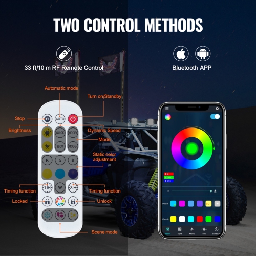 VEVOR 2 PCS 4 FT Whip Light, APP & RF Remote Control Led Whip Light, Waterproof RGB Chasing Lighted Whips with 4 Flags, for UTVs, ATVs, Motorcycles,