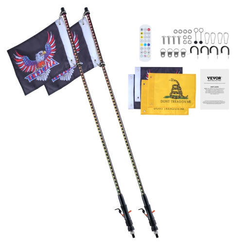 VEVOR 2 PCS 4 FT Whip Light, APP & RF Remote Control Led Whip Light, Waterproof RGB Chasing Lighted Whips with 4 Flags, for UTVs, ATVs, Motorcycles,