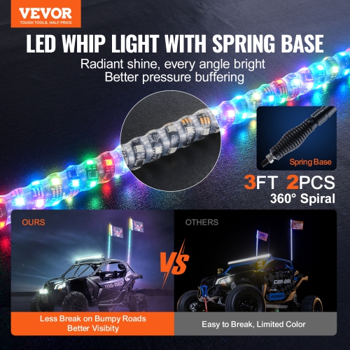 VEVOR 2 PCS 3 FT Whip Light with Spring Base, Led Whip Light with APP & Remote Control, Waterproof 360° Spiral RGB Chasing Lighted Whips with 2