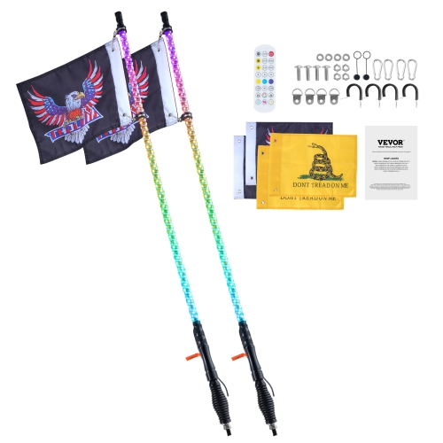 VEVOR 2 PCS 3 FT Whip Light with Spring Base, Led Whip Light with APP & Remote Control, Waterproof 360° Spiral RGB Chasing Lighted Whips with 2