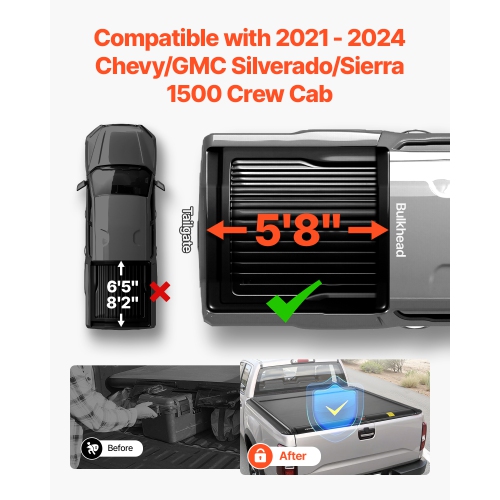 Couvre-caisse rétractable VEVOR 5.8&nbsp;pi, couvre-caisse rigide avec tuyau de drainage intégré pour Chevrolet/GMC Silverado/Sierra 1500 à cabine