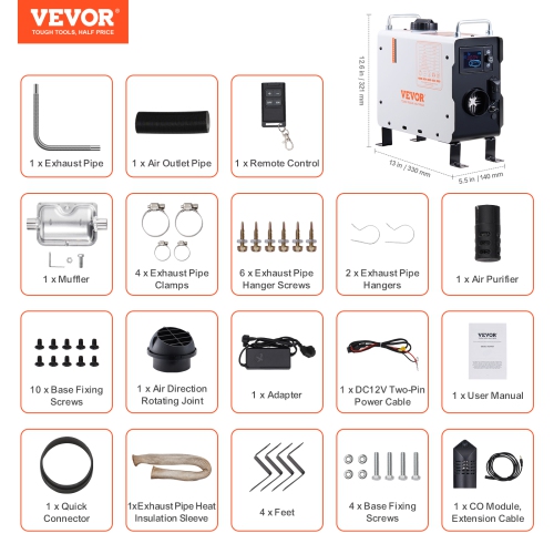 VEVOR 2KW Diesel Heater, 12V/24V All in One Diesel Air Heater, with Bluetooth APP Control, Remote Control and Display Screen, CO Alarm, Fast Heating