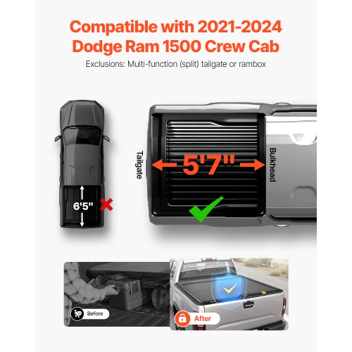 VEVOR 5.7 ft Retractable Tonneau Cover, Hard Retractable Tonneau Cover with Built-in Drainage Pipe for 2021-2024 Dodge Ram 1500 Crew Cab , Customized