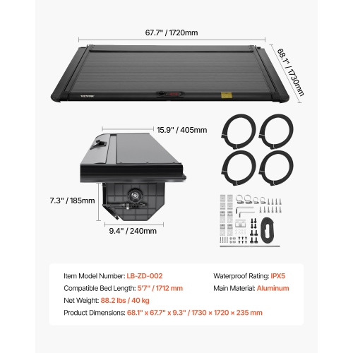 VEVOR 5.7 ft Retractable Tonneau Cover, Hard Retractable Tonneau Cover with Built-in Drainage Pipe for 2021-2024 Dodge Ram 1500 Crew Cab , Customized