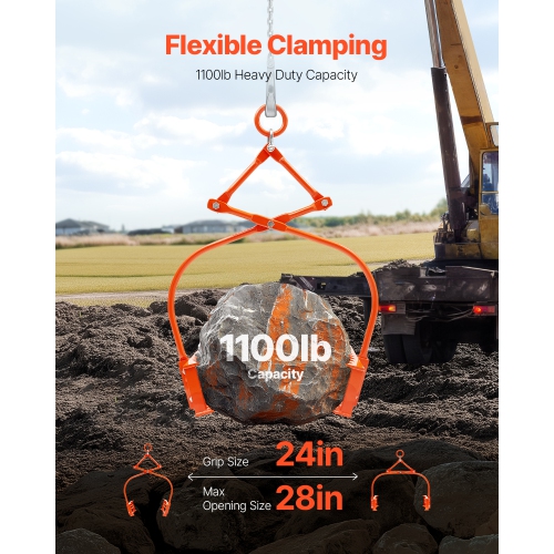 VEVOR 24in Stone Lifting Tongs, 2-Claw Rock Tongs, Heavy Duty Steel Log Tongs, 1100LBS Lifting Capacity, Swivel Log Grapple, Serrated Claw