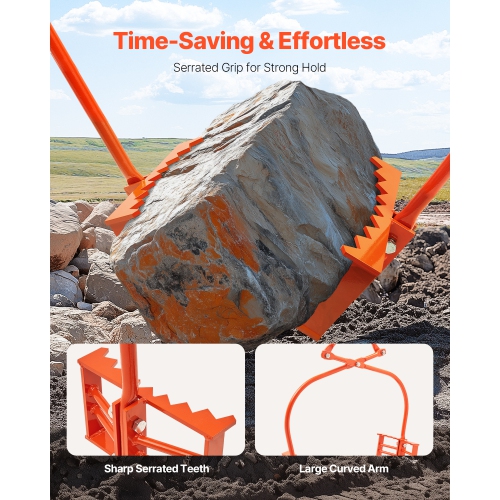 VEVOR 24in Stone Lifting Tongs, 2-Claw Rock Tongs, Heavy Duty Steel Log Tongs, 1100LBS Lifting Capacity, Swivel Log Grapple, Serrated Claw