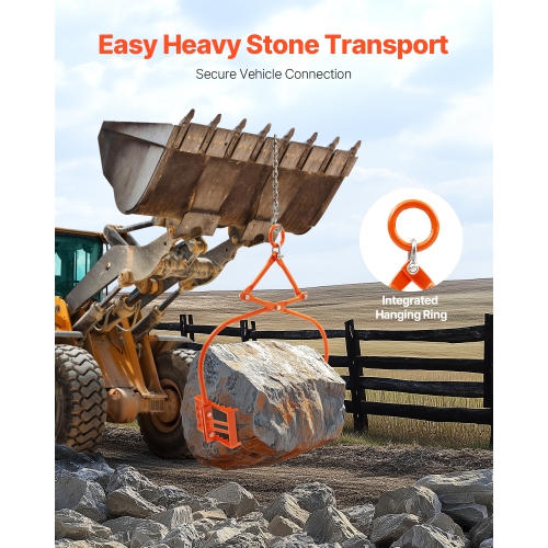 VEVOR 24in Stone Lifting Tongs, 2-Claw Rock Tongs, Heavy Duty Steel Log Tongs, 1100LBS Lifting Capacity, Swivel Log Grapple, Serrated Claw