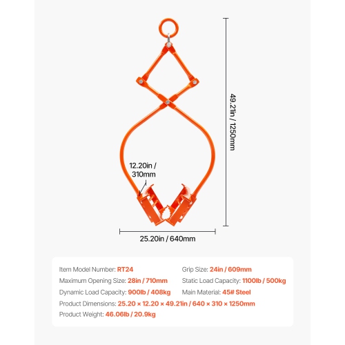 VEVOR 24in Stone Lifting Tongs, 2-Claw Rock Tongs, Heavy Duty Steel Log Tongs, 1100LBS Lifting Capacity, Swivel Log Grapple, Serrated Claw