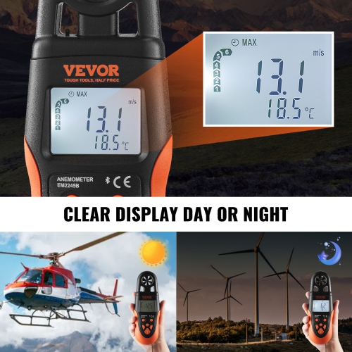 VEVOR 14℉-140℉ Bluetooth Handheld Anemometer, Digital Wind Speed Meter Gauge with LED Backlight Screen, Measures Wind Velocity Wind Temperature Air