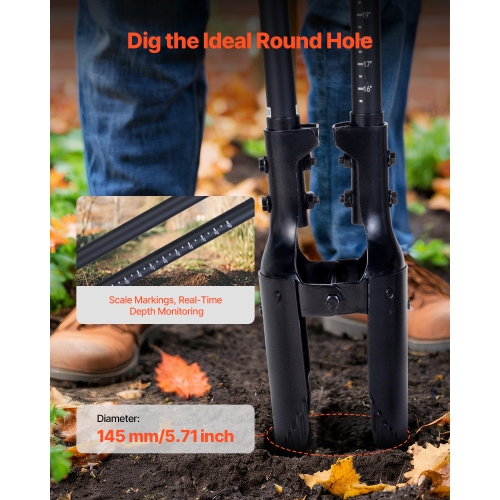 VEVOR 57.5-Inch Post Hole Digger, Heavy Duty Post Hole Digger with Fiberglass Handle, Manual Hole Digger with Scale Markings and Metal Blade, Post