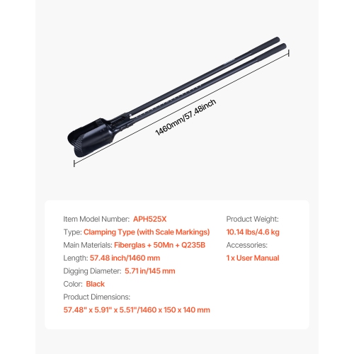 VEVOR 57.5-Inch Post Hole Digger, Heavy Duty Post Hole Digger with Fiberglass Handle, Manual Hole Digger with Scale Markings and Metal Blade, Post