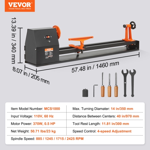 Tour en bois VEVOR 14 po x 40 po, machine à tourner en bois 370 W de 0,5 HP, 4 vitesses réglables 885/1245/1715/2425 RPM avec