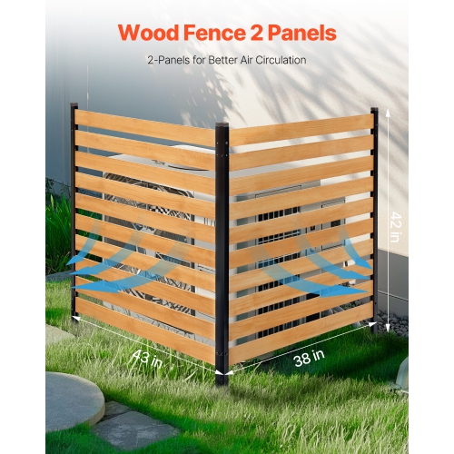 VEVOR 38" W x 42" L Wood Privacy Fence, 2-Panel Slatted Air Conditioner Fence Screen, Pool Equipment Enclosure with Metal Stakes, Easy DIY