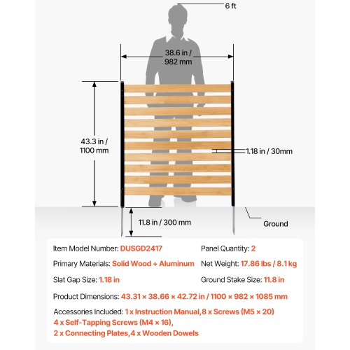 VEVOR 38" W x 42" L Wood Privacy Fence, 2-Panel Slatted Air Conditioner Fence Screen, Pool Equipment Enclosure with Metal Stakes, Easy DIY