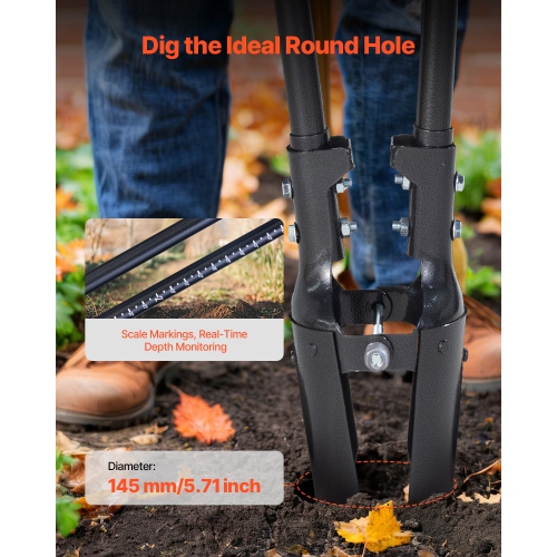VEVOR 57.5-Inch Post Hole Digger, Heavy Duty Post Hole Digger with Carbon Steel Handle, Manual Hole Digger with Scale Markings and Metal Blade, Post