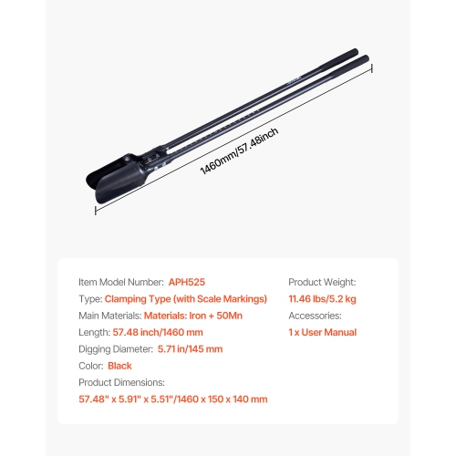 VEVOR 57.5-Inch Post Hole Digger, Heavy Duty Post Hole Digger with Carbon Steel Handle, Manual Hole Digger with Scale Markings and Metal Blade, Post