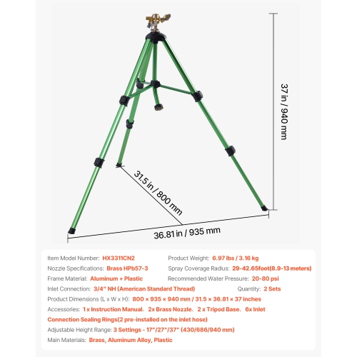Arroseur à chocs VEVOR en paquet de 2 sur base trépied, gicleurs à trépied robustes avec tête en laiton et connecteur 3/4 «&nbsp;NH&nbsp;», gicleur