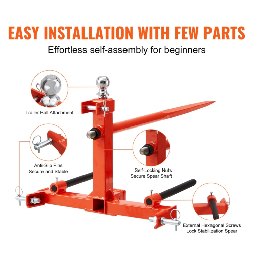 Lance de foin de 49&nbsp;po VEVOR, capacité de chargement 1600&nbsp;lb de lance de balle, accessoire d'attelage à trois points avec 2 lances