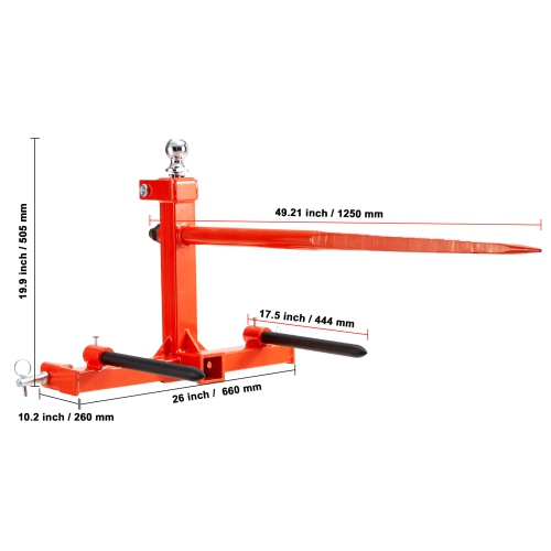 Lance de foin de 49&nbsp;po VEVOR, capacité de chargement 1600&nbsp;lb de lance de balle, accessoire d'attelage à trois points avec 2 lances