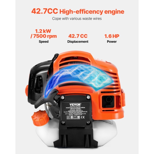 VEVOR 42.7CC String Trimmer, 2-Stroke, Gas Powered Weed Wacker, 16.9" Cordless Grass Trimmer, Multi-Functional Lawn Edger with Shoulder Strap & 3T