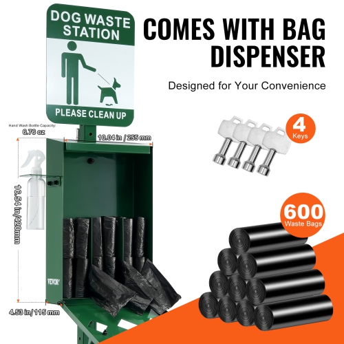 VEVOR 11.5 Gallons Dog Waste Station with Hand Wash Bottle, Commercial Dog Poop Station, Pet Waste Bin with 50 Can Liners, Bag Dispenser & 600 Waste