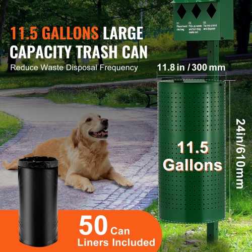 VEVOR 11.5 Gallons Dog Waste Station with Hand Wash Bottle, Commercial Dog Poop Station, Pet Waste Bin with 50 Can Liners, Bag Dispenser & 600 Waste