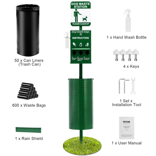 VEVOR 11.5 Gallons Dog Waste Station with Hand Wash Bottle, Commercial Dog Poop Station, Pet Waste Bin with 50 Can Liners, Bag Dispenser & 600 Waste