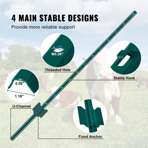 VEVOR 4 Feet Fence Post, 10 Pack U-Channel Heavy Duty Metal Fence Posts, Sturdy Steel Fence Stakes for Garden Yard, Lawn, Farms and Outdoor Wire