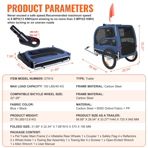 VEVOR 100 lbs Load Dog Bike Trailer, Pet Cart Bicycle Carrier, Easy Folding Frame with Quick Release Wheels, Universal Bicycle Coupler, Reflectors,