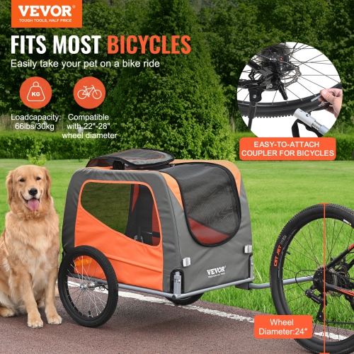 VEVOR 66 lbs Load Dog Bike Trailer, Pet Cart Bicycle Carrier, Easy Folding Frame with Quick Release Wheels, Universal Bicycle Coupler, Reflectors,