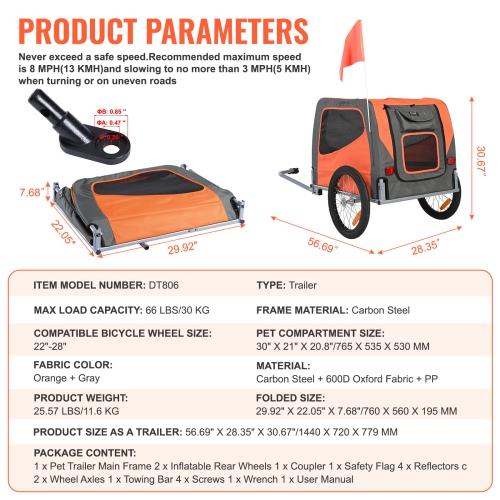 VEVOR 66 lbs Load Dog Bike Trailer, Pet Cart Bicycle Carrier, Easy Folding Frame with Quick Release Wheels, Universal Bicycle Coupler, Reflectors,